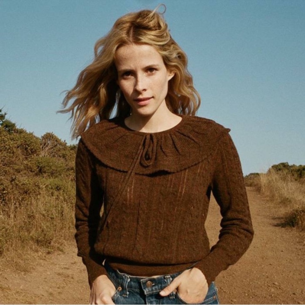 Dôen Magpie Pointelle Alpaca Knit Sweater Dark Tobac Small EUC‎